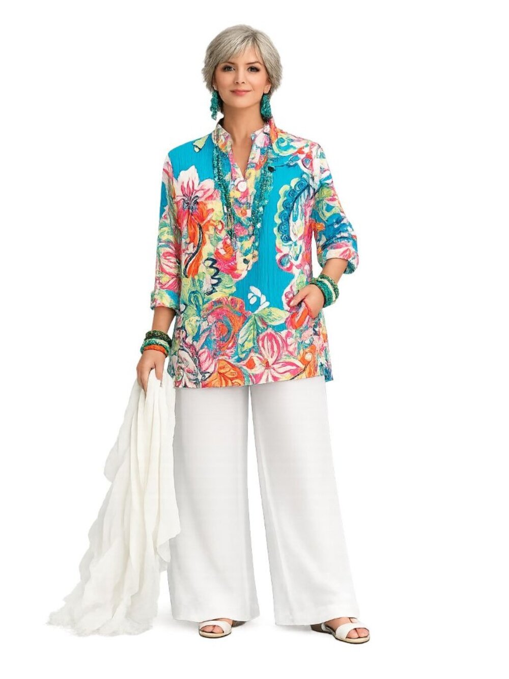 À La Carte Womens M Multicolor Floral Artsy Boho Tunic Top Shirt M 100% Cotton